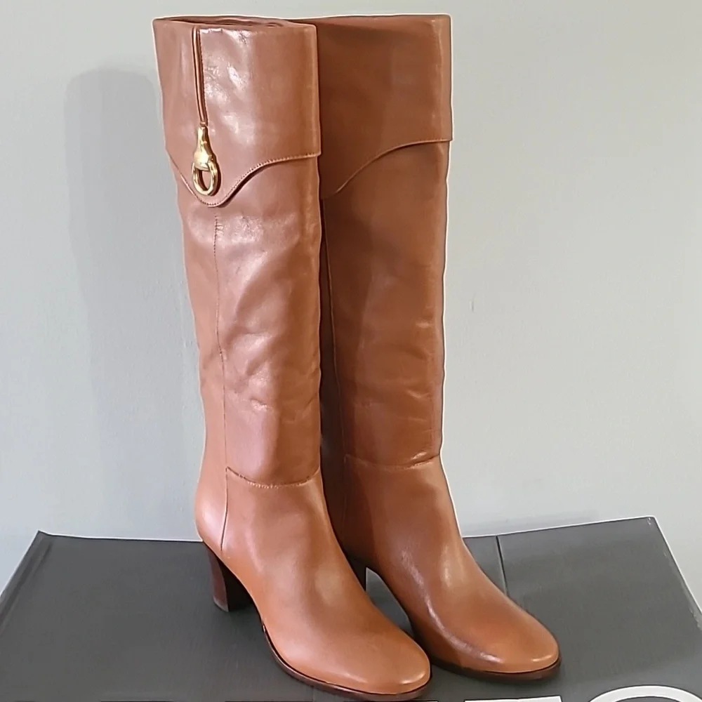 Women's Arezzo Vivian Caramel Leather Knee-High Boots NWB - Picture 2 of 6